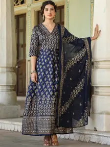 SCAKHI Ethnic Motifs Printed Fit & Flared Maxi Ethnic Dress With Dupatta