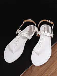 DressBerry White Embellished T-Strap Flats With Buckles