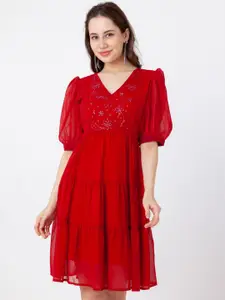 Zink London Embellished Puff Sleeves Fit & Flare Dress