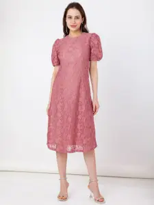 Zink London Floral Self Design Laced Puffed Sleeves A-Line Midi Dress