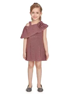 Peppermint Girls Self Design Cold-Shoulder Sleeves Bow Detail A-Line Dress