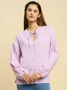 KALINI Lavender Tie-Up Neck Cotton Shirt Style Top