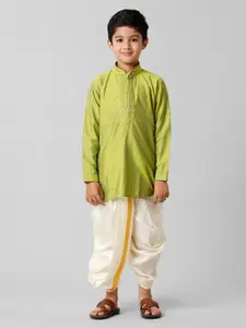 Ramraj Boys Green Regular Thread Work Pure Cotton Kurta with Dhoti Pants