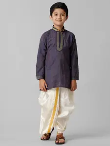 Ramraj Boys Striped Mandarin Collar Thread Work Straight Kurta With Dhoti Pants