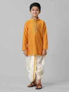 Ramraj Boys Striped Embroidered Mandarin Collar Thread Work Kurta With Panchakacham
