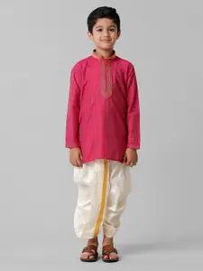 Ramraj Boys Striped Yoke Design Mandarin Collar Thread Work Kurta With Panchakacham