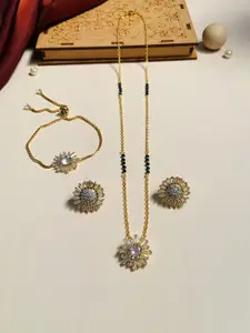 ABDESIGNS Set of 3 Gold-Plated AD Studded Mangalsutra With Earrings & Bracelet