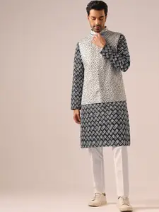 KALKI Fashion Geometric Printed Mirror Work Straight Kurta & Trousers With Nehru jacket