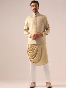 KALKI Fashion Mandarin Collar Pleated Straight Kurta & Trousers With Nehru jacket