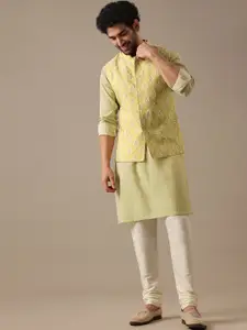 KALKI Fashion Leheriya Printed Mandarin Collar Straight Kurta & Churidar With Nehru jacket