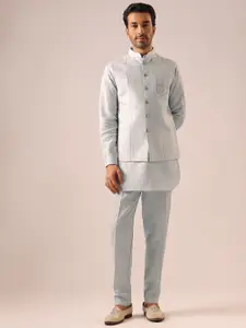 KALKI Fashion Thread Work Linen Kurta With Trousers And Nehru Jacket
