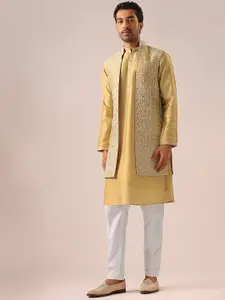 KALKI Fashion Mandarin Collar Kurta With Trousers & Long Jacket