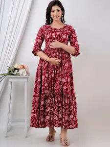 Henal Floral Printed Gathered Tiered Cotton Maternity Ethnic Dress