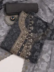 Meena Bazaar Floral Printed Sequinned Organza Unstitched Dress Material