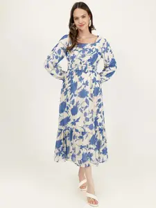 DRIRO Floral Print Puff Sleeve A-Line Midi Dress
