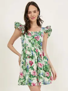 DRIRO Floral Printed Flutter Sleeve Cotton Fit & Flare Dress