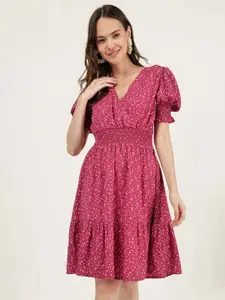 DRIRO Polka Dot Printed Smocked Puff Sleeve Fit & Flare Dress