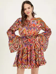 DRIRO Abstract Printed Tie-Up Neck Bell Sleeve Fit & Flare Dress