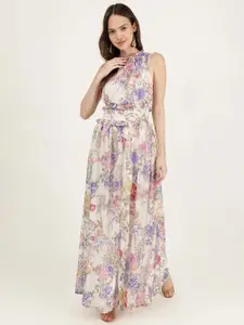 DRIRO Floral Printed Round Neck Sleeveless Ruffled Maxi Dress