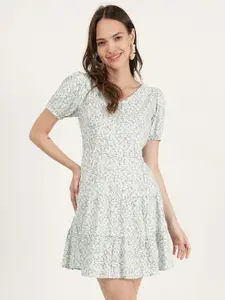 DRIRO Floral Printed Tiered Gathered Fit & Flare Mini Dress