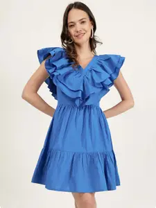 DRIRO V-Neck Flutter Sleeve Pure Cotton Ruffled Fit & Flare Dress