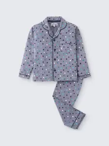 Nite Flite Girls Geometric Printed Lapel Collar Pure Cotton Night suit