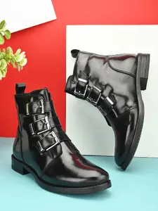 DressBerry Women Black Buckled Mid Top Chunky Boots
