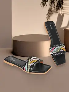 Shoestail Embroidered Open Toe Flats