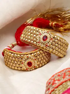 Sanjog Set Of 2 Gold-Plated Stone Rajasthani Pochu Kada Bracelet Bajuband Thread Armlet