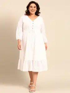 The Pink Moon Plus Size Self Design Cuffed Sleeves Schiffli Cotton Fit & Flare Midi Dress
