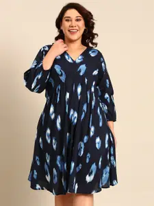 The Pink Moon Plus Size Abstract Printed Cuffed Sleeves Cotton A-Line Dress