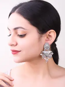 GRIIHAM Silver Plated Oxidised Zircon Studded & Beaded Drop Earrings
