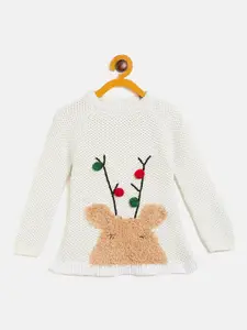 JWAAQ Girls Open Knit Self Design Embroidered Pure Cotton Pullover
