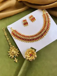 ATIBELLE Gold-Plated Artificial Stoned Studded Necklace & Earrings With Maang Tika