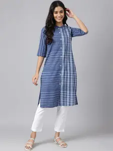 AURELIA Striped Band Collar Pure Cotton Straight Kurta