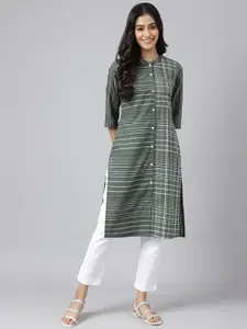 AURELIA Striped Cotton Band Collar Kurta