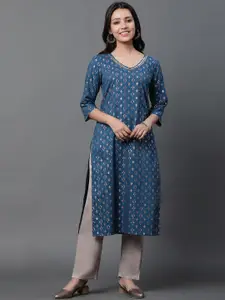 AURELIA Ethnic Motifs Printed V-Neck Sequinned Pure Cotton Kurta
