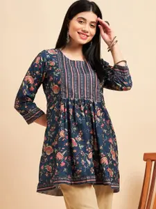 Sangria Navy Blue Floral Printed A-line Short Kurti