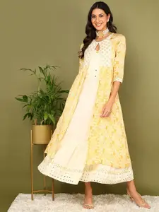AHIKA Geometric Printed Cotton A-Line Ethnic Dress With Jacket