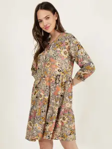 DRIRO Orange Floral Printed Mandarin Collar Gathered A-Line Dress