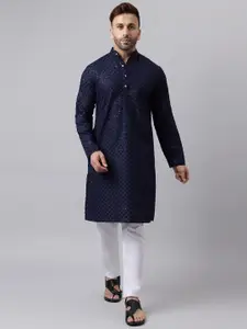 Hangup Ethnic Motifs Embroidered Band Collar Sequinned Straight Kurta with Trouser
