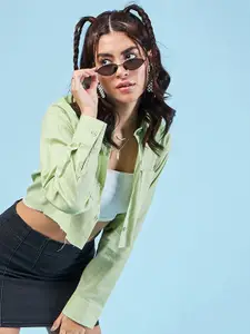 CHIMPAAANZEE Oversized Spread Collar Long Sleeves Cotton Crop Casual Shirt