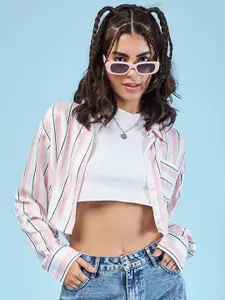 CHIMPAAANZEE Oversized Striped Spread Collar Long Sleeves Crop Casual Shirt