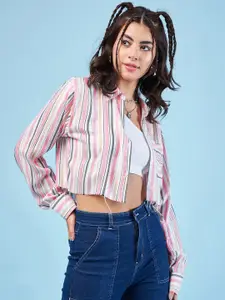 CHIMPAAANZEE Striped Spread Collar Long Sleeves Crop Oversized Casual Shirt