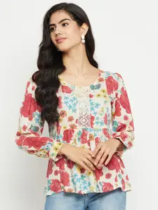 Ruhaans Floral Printed Cuffed Sleeve Lace Inserts Cotton Regular Top