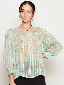 Ruhaans Floral Printed Square Neck Puff Sleeve Satin Regular Top