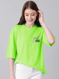 Kotty Round Neck Typography Printed Drop-Shoulder Sleeves Oversized T-shirt