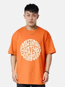 VEIRDO Orange Typography Printed Drop Shoulder Sleeves Cotton Oversized T-shirt