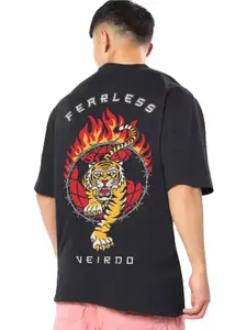VEIRDO Black Graphic Printed Drop Shoulder Sleeves Cotton Oversized T-shirt
