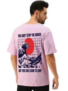 VEIRDO Purple Graphic Printed Drop Shoulder Sleeves Cotton Oversized T-shirt